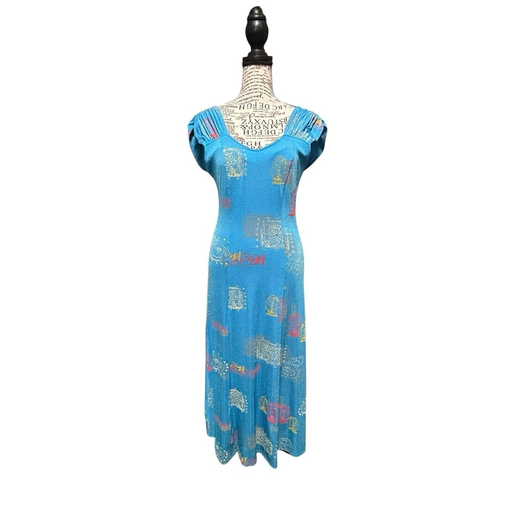Vintage  Women's Blue Fish Print Polyester Sleeveless Knee‎ Length Dress S Fairy